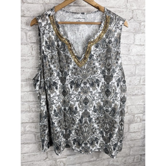 Wonens Size 2X Tank Top Black White Cotton Modal Knit‎ Gold Beaded Sequin V Neck - Picture 1 of 12